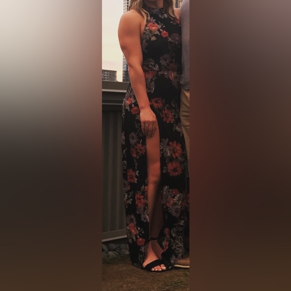 Black Floral Maxi dress with high leg slits and romper underneath, open back